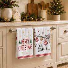2pcs Christmas Tree Snowflake Bell Letter Print Kitchen Towels, Cozy Holiday Style Hand Towels, Suitable For Christmas Celebration, Christmas Party, Kitchen Decor, Baking Scenes And Winter Home Decoration - Multicolor - View 1