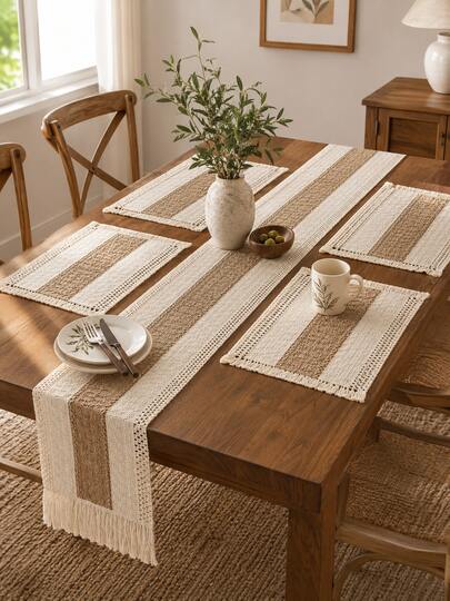 1 Camino de mesa, 4 manteles individuales - Camino de mesa de estilo bohemio de ganchillo, camino de mesa de decoración del hogar de estilo granja, decoración de fiesta de vacaciones, comedor, dormitorio, decoración de comedor, decoración de mesa de café, decoración de Acción de Gracias y Navidad