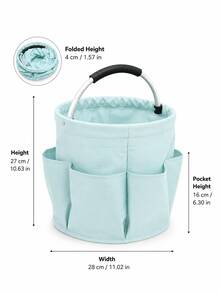 1pc Rustic Solid Color Gardening Tool Storage Bag, Round Bucket Shape With 6 Side Pockets And Thickened Metal Handle, Foldable Oxford Cloth Organizer, Large Capacity Home & Garden Storage Bag - A - View 19
