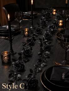 2m Halloween Dark Realistic Rose Vine Garland With Artificial Ivy Leaves, Suitable For Halloween Party Tabletop, Door Frame, Arch, Window Display, Fireplace, Staircase Handrail Decoration, Dark Wedding, Haunted House Scene Atmosphere Photo Prop - Multicolor - View 8