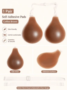 1pc Self-Adhesive Bra Cups, Transparent Halter Strap, A/B/C/D Multi-Size Options, Deep Skin Tone Invisible Breast Pads, Skin-Friendly Reusable Adhesive, Suitable For Cold Shoulder Dresses, Party Wear Secure Fit, Includes 30pcs Disposable Round Pattern Nipple Covers, Women's Intimate Lingerie - Multicolor - View 7