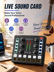 直播音訊卡播客錄音套件，附變聲器，適用於 PC 筆記型電腦的音訊介面混音器，直播工作室設備 - 彩色 - 查看 1