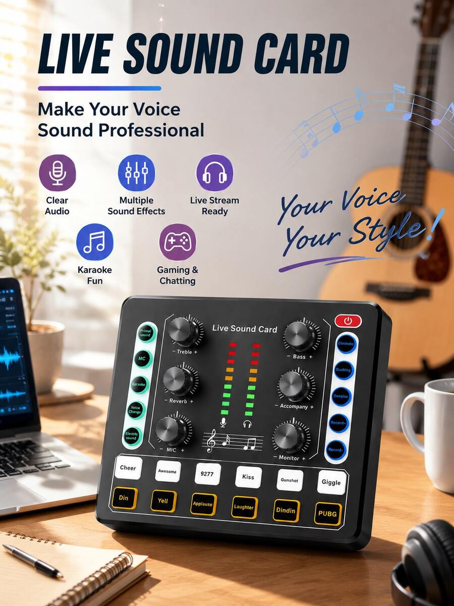 直播音訊卡播客錄音套件,附變聲器,適用於 PC 筆記型電腦的音訊介面混音器,直播工作室設備 - 彩色 - 查看 1