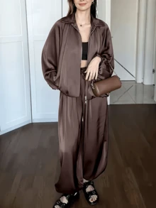 Women's 2 Pieces Set With Collared Zip-Up Jacket And Loose Lantern Sleeves, Draped Wide-Leg Pants, Spring/Autumn - Coffee Brown - View 1