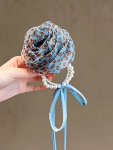 1 Pc Korean Light Leopard Rose Pearl Hair Tie, Vacation Style Blue Pearl Ribbon Scrunchie, Dual-Use Wrist & Hair Accessory - Multicolor - View 1