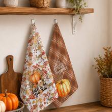 2pcs Pumpkin Maple Leaf Mushroom Plaid Print Kitchen Towels, Autumn Pastoral Style Hand Towels, Suitable For Thanksgiving, Autumn Kitchen Decor, Harvest Celebration, Farm Theme Decoration, Baking Cooking And Daily Home Use - Multicolor - View 3
