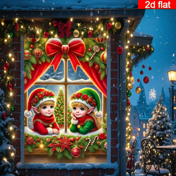 Latar Belakang Jendela Peri Natal Datar 2D dengan Pita Merah & Hijau, Dekorasi Pohon Natal Pemandangan Salju Musim Dingin dengan Peri Lucu dan Pola Permen Tongkat, Bahan Poliester Tahan Lama, Tidak Membutuhkan Daya, Sempurna untuk Dekorasi Liburan Dalam/Luar Ruangan, Dekorasi Dinding Multifungsi untuk Rumah, Teras, Ruang Tamu, Lorong, Halaman, Acara Perayaan, Menciptakan Suasana Natal yang Nyaman