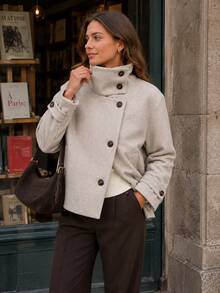 Women's Fall Tops Fall Style Solid Stand Collar Single Breasted Woolen Coat Korean Style Loose Cropped Jacket For Casual Daily Office Wear - Beige - View 1
