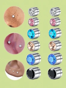 Cubic Zirconia Inlaid Shiny Fake Earrings And Nose Stud Set; Clip-On Earring; Unisex Fashion Accessory - Multicolor - View 2