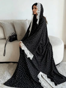 Fashion Sweet Lace Trim Polka Dot Print Long Robe Arabic Cardigan (Includes Headscarf) - Black - View 4