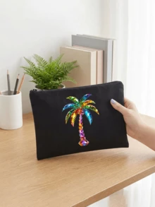 Colorful Rhinestone Palm Tree Print Cosmetic Bag, Zipper Portable Makeup Pouch, Multifunctional Travel Toiletry Organizer Coin Purse, Beach Vacation Accessory Gift For Women - Multicolor - View 13