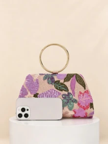 1件紫色花卉亮片刺繡晚宴包，配極簡金色大圓手柄，奢華婚宴禮服搭配可拆卸鍊條斜跨手拿包（隨機剪裁） - 紫色 - 查看 5