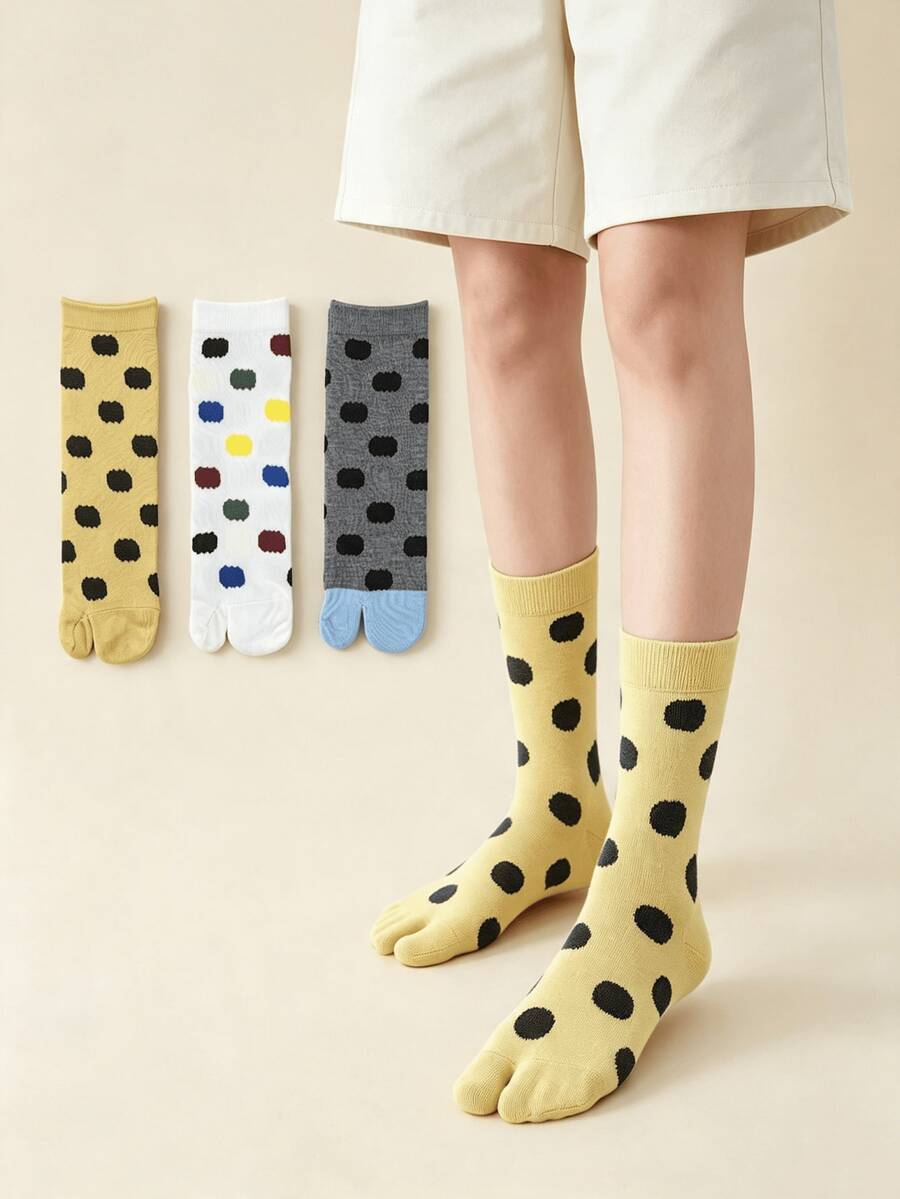 1/3 Pairs Fun Personalized Color-Block Large Polka Dot Breathable Split Toe Socks - Multicolor - View 1