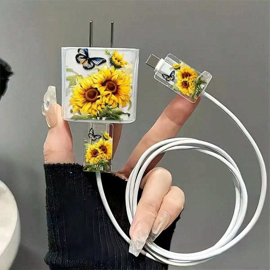 3pcs Painted Daisy/Expression Pattern Charger Cable Protector, 18/20W Transparent Anti-Break Charging Cable Protector, Compatible With Apple 15 Compatible With Iphone 14 Pro Max 13/12 - Multicolor - View 1