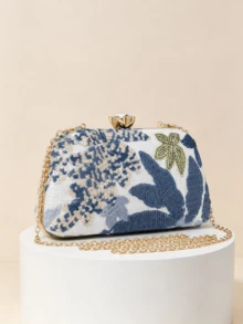 1件藍色與白色刺繡重裝亮片水鑽晚宴手拿包，金色鎖扣，奢華婚禮宴會禮服配件，可拆卸鏈條斜挎小包（隨機剪裁） - 藍色 - 查看 2