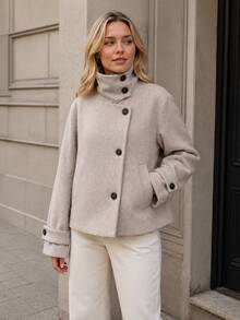 Women's Fall Tops Fall Style Solid Stand Collar Single Breasted Woolen Coat Korean Style Loose Cropped Jacket For Casual Daily Office Wear - Beige - View 8