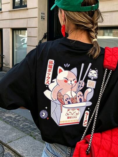 Vintage dames T-shirt met korte mouwen en ramen-kattenontwerp, wit T-shirt met ronde hals in casual streetwearstijl, anime-inspiratie, ideaal voor dagelijks zomergebruik