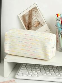 Sweet Striped Pencil Case, Colorful Bubble Gauze Woven Fabric Stationery Storage Bag, Large Capacity Zipper Pencil Pouch, Soft Texture Decorative Accessory, Suitable For Pens And Pencils, Students Back To School Study Desk Home Office Holiday Use - Multicolor - View 10
