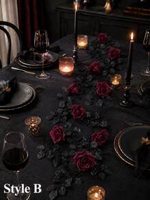 2m Halloween Dark Realistic Rose Vine Garland With Artificial Ivy Leaves, Suitable For Halloween Party Tabletop, Door Frame, Arch, Window Display, Fireplace, Staircase Handrail Decoration, Dark Wedding, Haunted House Scene Atmosphere Photo Prop - Multicolor - View 6