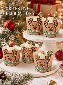 30pcs/50pcs Reusable Christmas Reindeer Cupcake Liners, Cute Holiday Cake Cup Decorations, Suitable For Baking, Dessert Table, Winter Party, Family Gathering, Holiday Event And Christmas Celebration - Multicolor - View 1