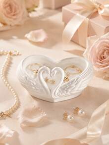 Heart-Shaped Double Swan Jewelry Tray, White Swan Shaped Storage Tray, Embossed Wing Design Jewelry Organizer, INS Style Pure White Desktop Organizer, Entryway Key Storage Tray, Vanity Earring Necklace Storage Rack, Romantic Wedding Decor Ornament, Jewelry Key Desktop Storage Box, Entryway Bedroom Decor Ornament - Multicolor - View 5
