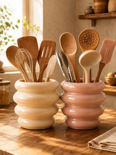 Cream & Blush Pink Honey Jar Shaped Kitchen Utensil Holder, Large Countertop Utensil Crock, Sculptural Kitchen Organizer