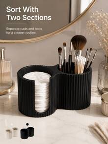 Minimalist Ribbed Dual-Compartment Cotton Pad & Cotton Swab Storage Box, Front-Opening Cosmetic Organizer Rack For Bathroom Countertop, Vanity, Makeup Desk, Bedroom Desktop, Daily Makeup Essentials Storage - Multicolor - View 4