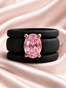 3PCS Pink Oval Cut Synthetic Zirconia Black Silicone Ring Set, Suitable For Daily Wear, Weddings, Valentine's Day, Anniversaries, And Gifts - Black Silicone - Pink Oval - View 5