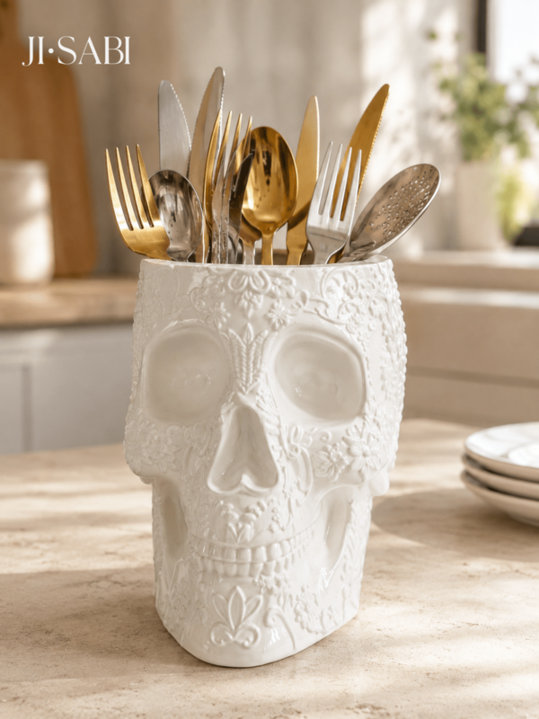 1pc Gothic Embossed Skull Utensil Holder, Cutlery Storage Container, Black White Skull Decor, Kitchen Countertop Organizer For Spoon Fork Knife, Halloween Home Table Decor Vase, Single Piece