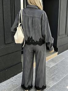 Women's Autumn Loose Long Sleeve Shirt And Drawstring Wide Leg Pants 2 Pieces Set With Collar, Vertical Stripes And Lace Patchwork - Dark Grey - View 2