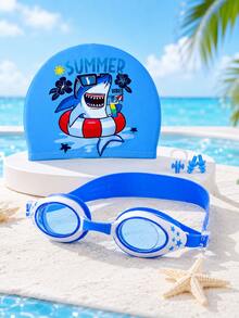 Children's Swim Goggles Set, Blue And White Color Block, Five-Pointed Star Pattern, Adjustable Swimming Goggles, Shark Cartoon Print Fabric Swim Cap, Nose Clip And Earplugs, Summer Pool Water Play Swimming Gear - Blue - View 2
