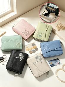 Women Rose & Moon Star Print Zipper Around Short Wallet, Accordion-Style Multi-Card Holder Coin Purse, Compact Small Purse For Daily Use - Multicolor - View 1