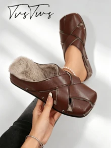 Autumn/Winter Thermal Lined Cross-Woven Mule Women's Shoes, Contrast Color Rivet Square Toe Closed-Toe Slippers, Thick Sole Warm Thermal Slippers For Outdoor Wear - Brown - View 2