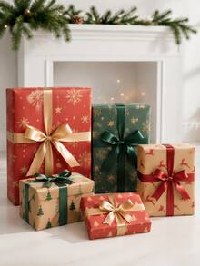 10pcs Christmas Wrapping Paper , Red Green Kraft Gift Wrap With Snowflake Tree And Reindeer Print, For Home Crafters And Gift Givers, Gift Box Packaging, Bow Making, Holiday Party And DIY Decor - Multicolor - View 4