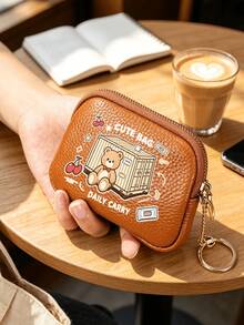 Cute Bear Print Mini Zipper Coin Purse, Portable Keychain Small Wallet, PU Leather Card Holder Pouch For Earphone Change,Mini Pouch For Coins Cards Earbuds - Multicolor - View 4