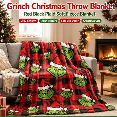 The Grinch 1pc Christmas Flannel Blanket, Plaid Green Print Lightweight Throw, Gift For Family And Friends, Suitable For Sofa, Bedroom, Car, Home Office Nap, Christmas Holiday Atmosphere Soft Decor Arrangement, Christmas Decoration Blanket Ornament