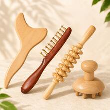 4pcs Wooden Massage Tool Set, Includes Wooden Massage Roller, Massage Stick And Massage Board, Unisex, Home Gift - Apricot - View 1