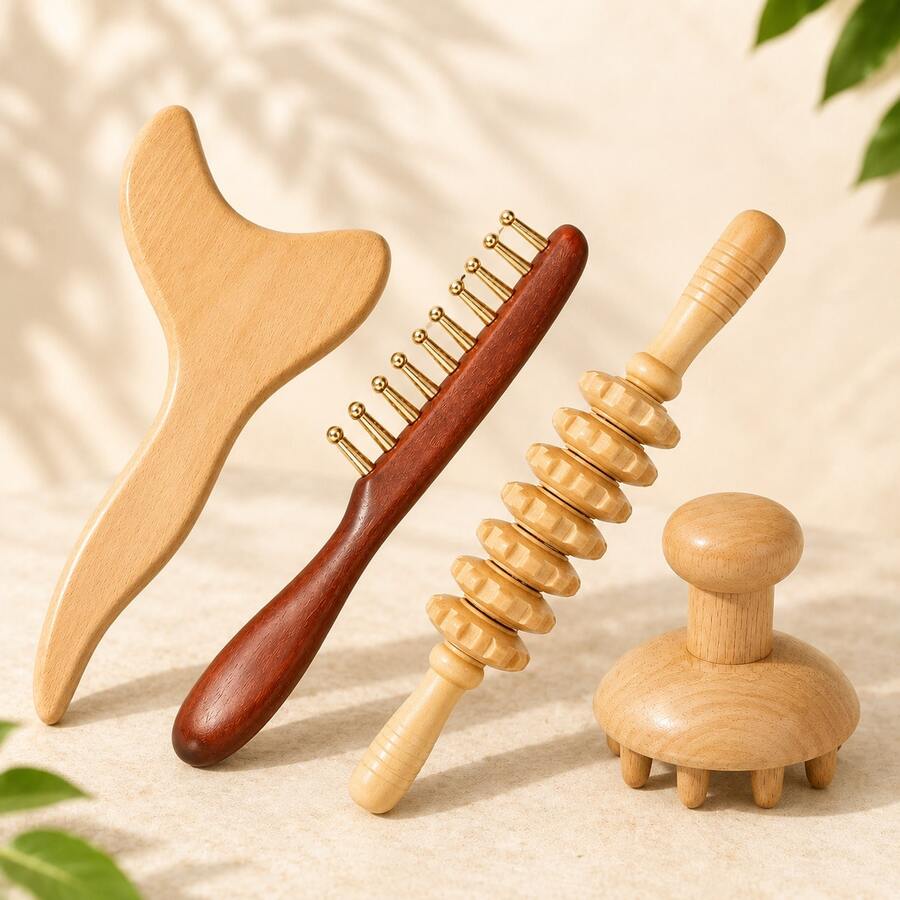 4pcs Wooden Massage Tool Set, Includes Wooden Massage Roller, Massage Stick And Massage Board, Unisex, Home Gift - Apricot - View 1
