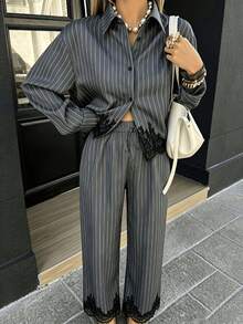 Women's Autumn Loose Long Sleeve Shirt And Drawstring Wide Leg Pants 2 Pieces Set With Collar, Vertical Stripes And Lace Patchwork - Dark Grey - View 3
