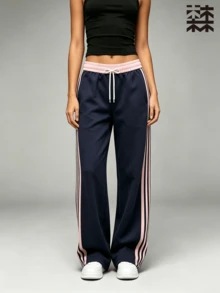 mulinsen Women's Sports Pants, Pink Side Contrast Stripes, Elastic Drawstring Waist, Suitable For Running, Gym, Streetwear - Navy Blue - View 10