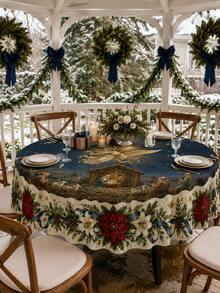 1pc Christmas Holy Night Starry Sky Square/Round/Oval Tablecloth, Nativity And Angel Worship Pattern, Lily, Poinsettia And Pine Branch Border, 100D Matte Polyester Dining Tablecloth, Suitable For Balcony, Patio, Gathering And Winter Holiday Decoration - Christmas-d - View 1