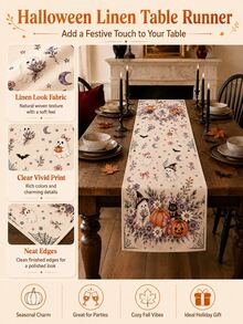 1pc-Vintage Pastel Halloween Table Runner, Cute Ghost Witch Black Cat Pumpkin Lavender Purple Floral Spider Web Print Table Runner, Dining Room Holiday Party Home Tabletop Decoration - Multicolor - View 2