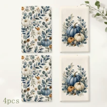 2/4/6/8pcs Kitchen Towels Set, Blue & White Pumpkin Eucalyptus Print Polyester Hand Towels, Watercolor Autumn Botanical Design, Farmhouse Fall Kitchen Decor, Thanksgiving Decorations - Multicolor - View 11