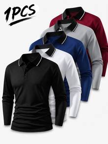 Men's Golf Light Business Long Sleeve Polo Shirt With Contrast Collar, Suitable For Golf, Business, Office, Daily Casual, Outdoor And Multiple Occasions - Black - View 1