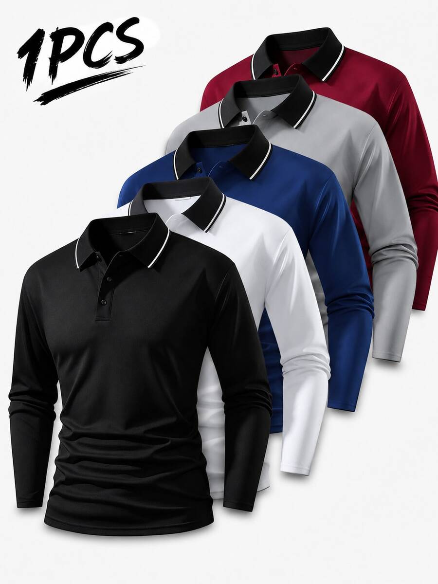 Men's Golf Light Business Long Sleeve Polo Shirt With Contrast Collar, Suitable For Golf, Business, Office, Daily Casual, Outdoor And Multiple Occasions - Black - View 1