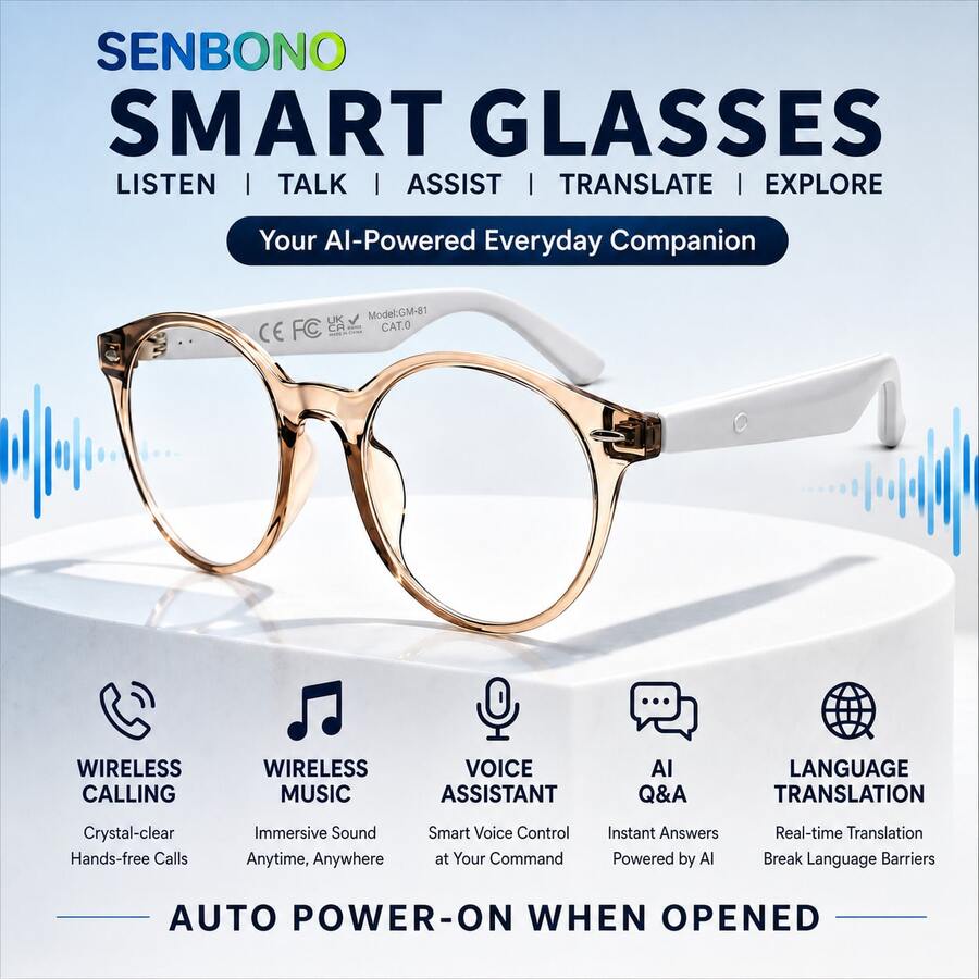 SENBONO Multifunctional Smart Glasses, Translation Glasses, Supports Multi-Language APP Translation, New Unisex Multifunctional Audio Glasses, Built-In Microphone And Speaker, High-Definition Calls And Music Playback, Suitable For Travel And Leisure - View 1