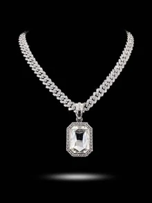 Rectangular Large Gemstone Pendant Full Diamond Cuban Necklace, Octagonal Main Stone Rhinestone Pendant, Hip Hop Ice Diamond Accessory, Unisex Rap Street Party Jewelry - Gemstone Pendant Necklace - View 18