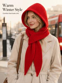 1pc Solid Color One-Piece Knitted Hooded Scarf, Fashionable Versatile Women's Knitted Hat, Warm And Cold-Proof, Suitable For Autumn/Winter, Large Head Circumference, Scarf Hat Set, Warm Ear Protection - A - View 10