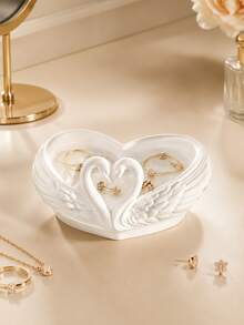 Heart-Shaped Double Swan Jewelry Tray, White Swan Shaped Storage Tray, Embossed Wing Design Jewelry Organizer, INS Style Pure White Desktop Organizer, Entryway Key Storage Tray, Vanity Earring Necklace Storage Rack, Romantic Wedding Decor Ornament, Jewelry Key Desktop Storage Box, Entryway Bedroom Decor Ornament - Multicolor - View 4