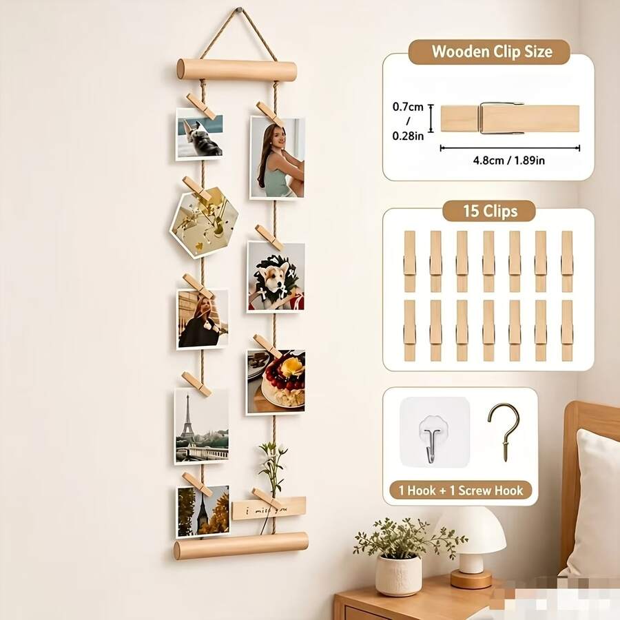 18pcs Wall-Mounted Photo Display Rack Set (Includes 1 Hanging Display Rack + 15 Photo Clips + 1 Adhesive Hook + 1 Metal Hook) - Wooden Photo Wall Hanging Rope, Wooden Jute Rope Decorative Photo Clips, Hanging Photo Clip Frame - A - View 1